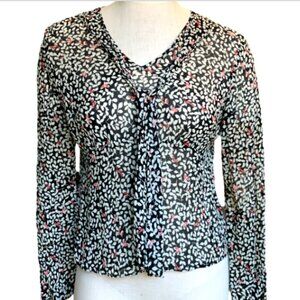 J. Jill Leaf Print Blouse Tie Front V-Neck Chiffon Crepe Sz SP Black #19D